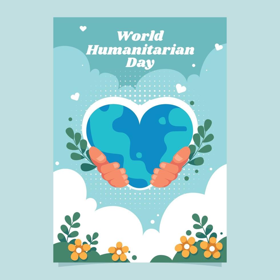 cartel del día humanitario con mano sosteniendo la tierra vector