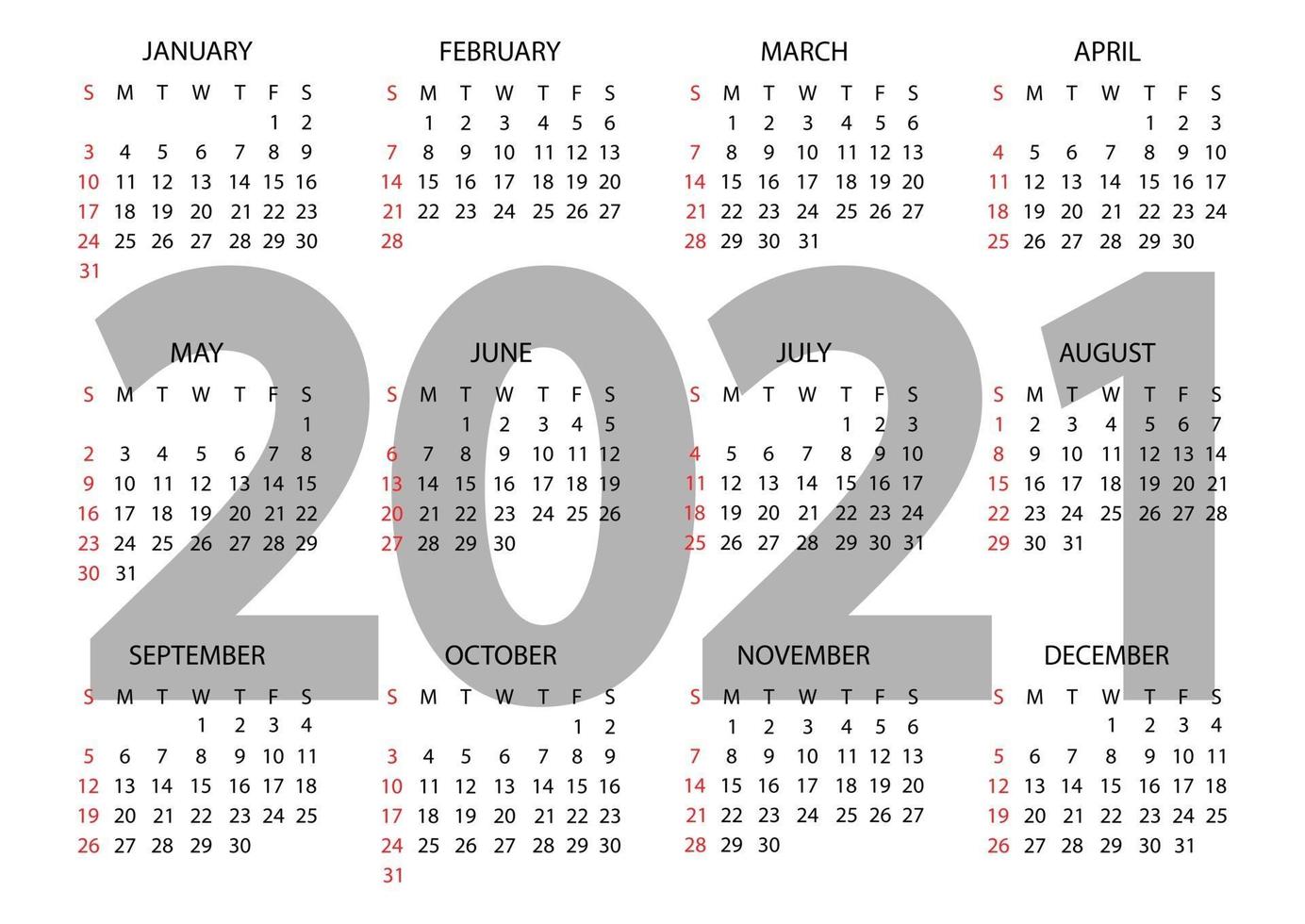 calendario 2021 año. la semana comienza el domingo. plantilla de calendario horizontal anual 2021. diseño de calendario en colores blanco y negro, domingo en colores rojos. vector
