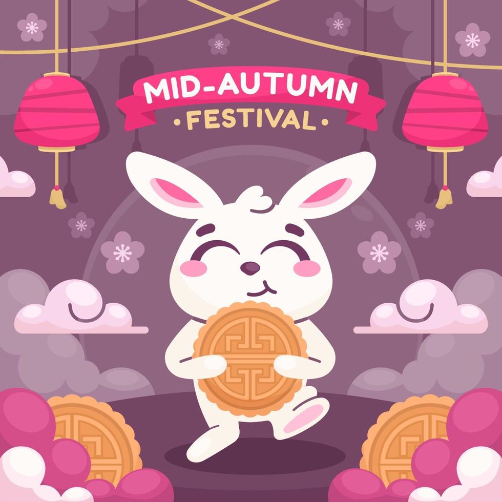 Happy Bunny Holds Moon Cake on Mid Autumn vector