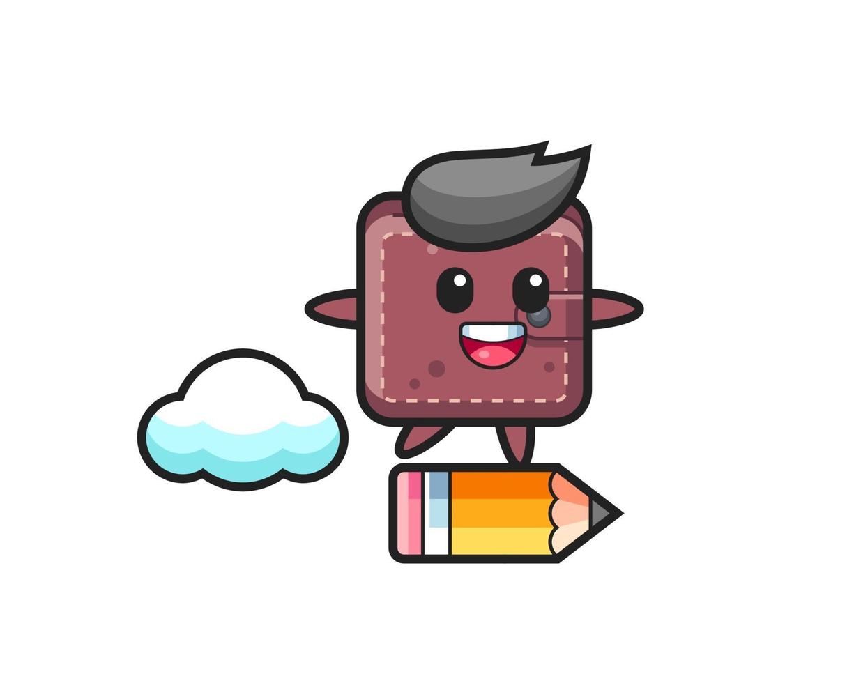 leather wallet mascot illustration riding on a giant pencil vector