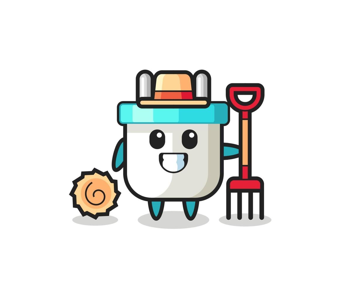 Personaje de mascota de enchufe eléctrico como agricultor. vector