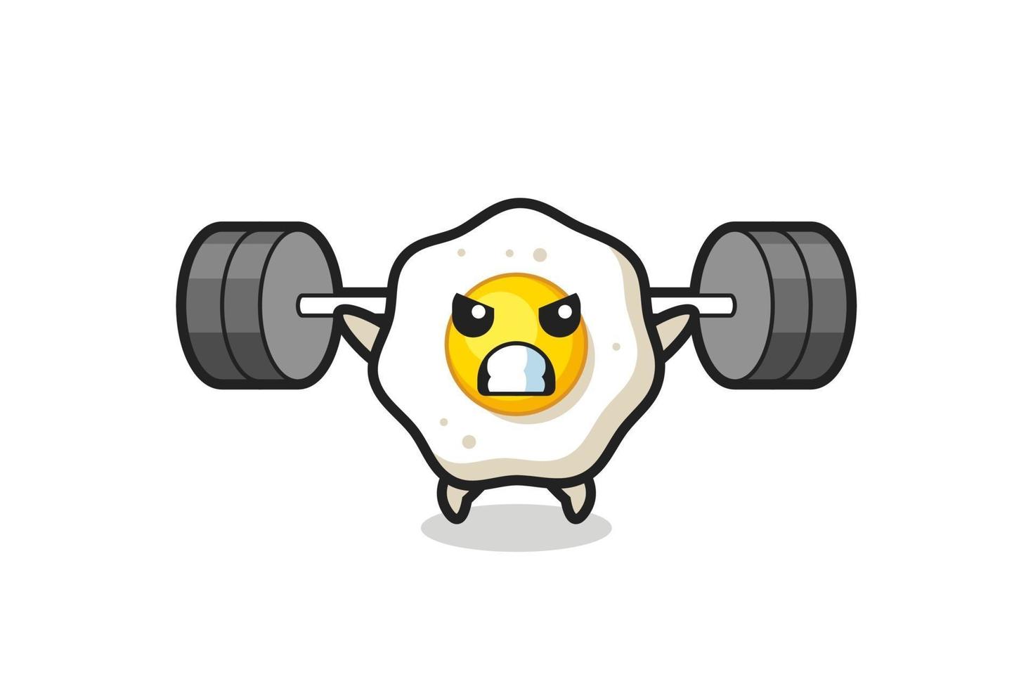 fried egg mascot cartoon with a barbell vector