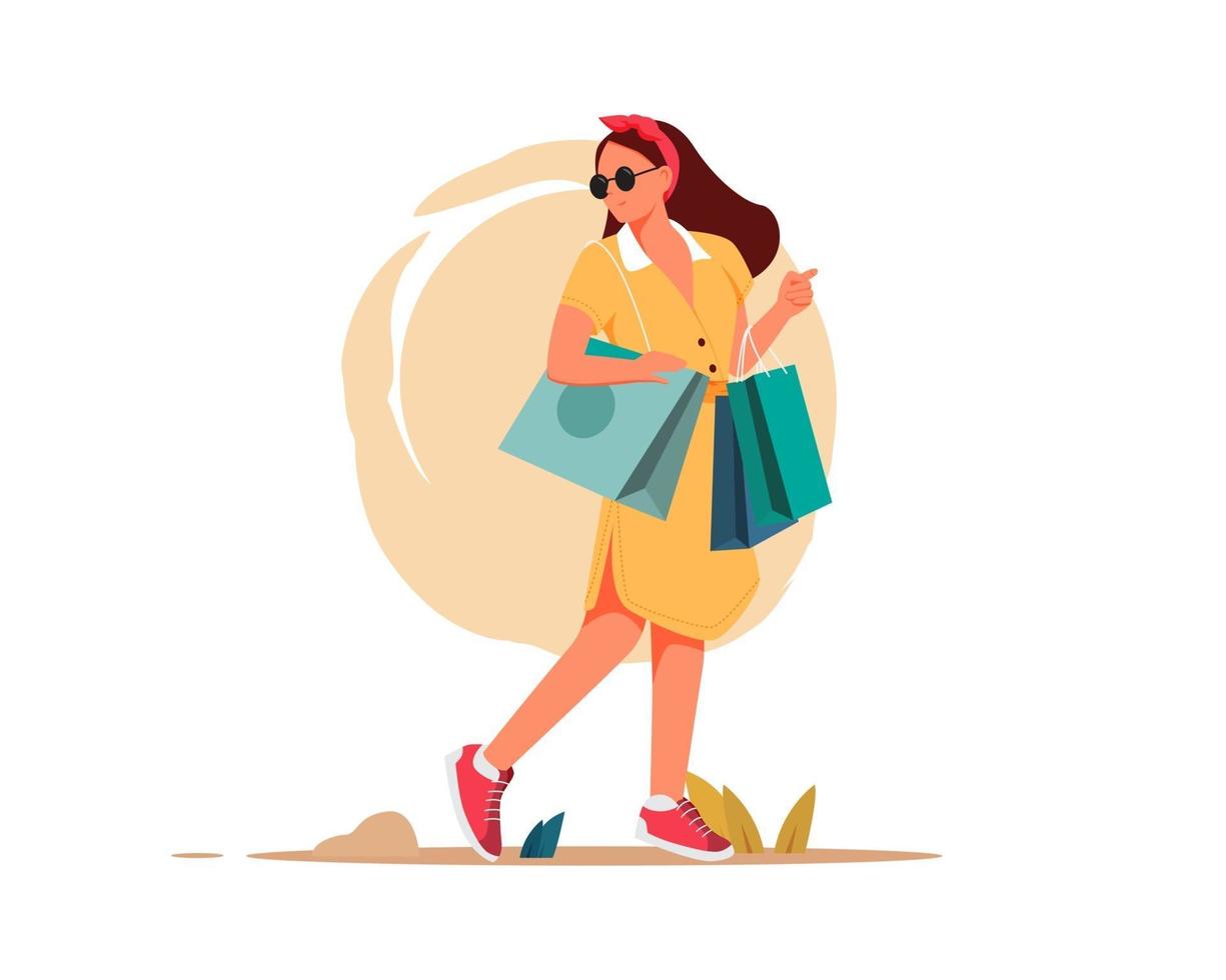 Flat illustration fashionable woman holding packages after shopping vector