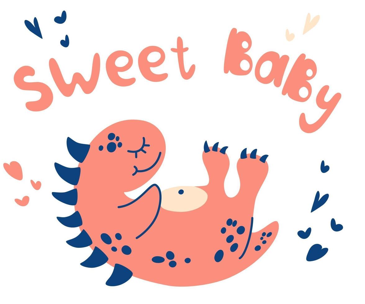 lindo bebé dinosaurio durmiendo. Letras de dulce bebé. vector