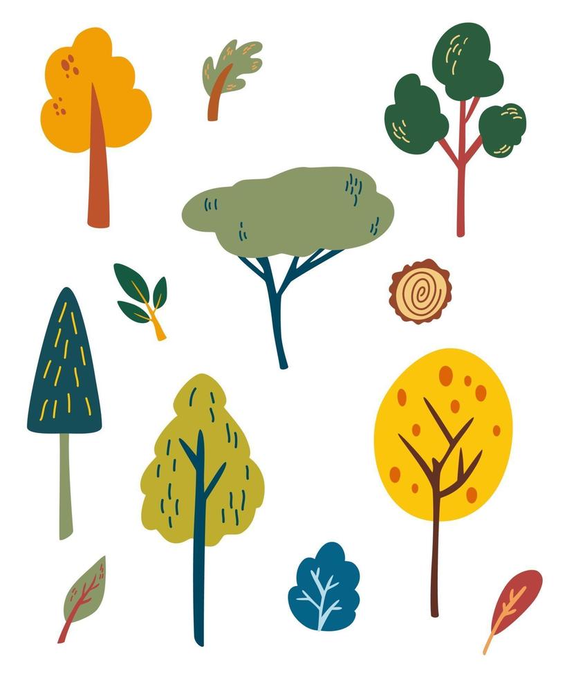 Conjunto de árboles forestales. dibujos animados de plantas del bosque, tocones de árboles vector