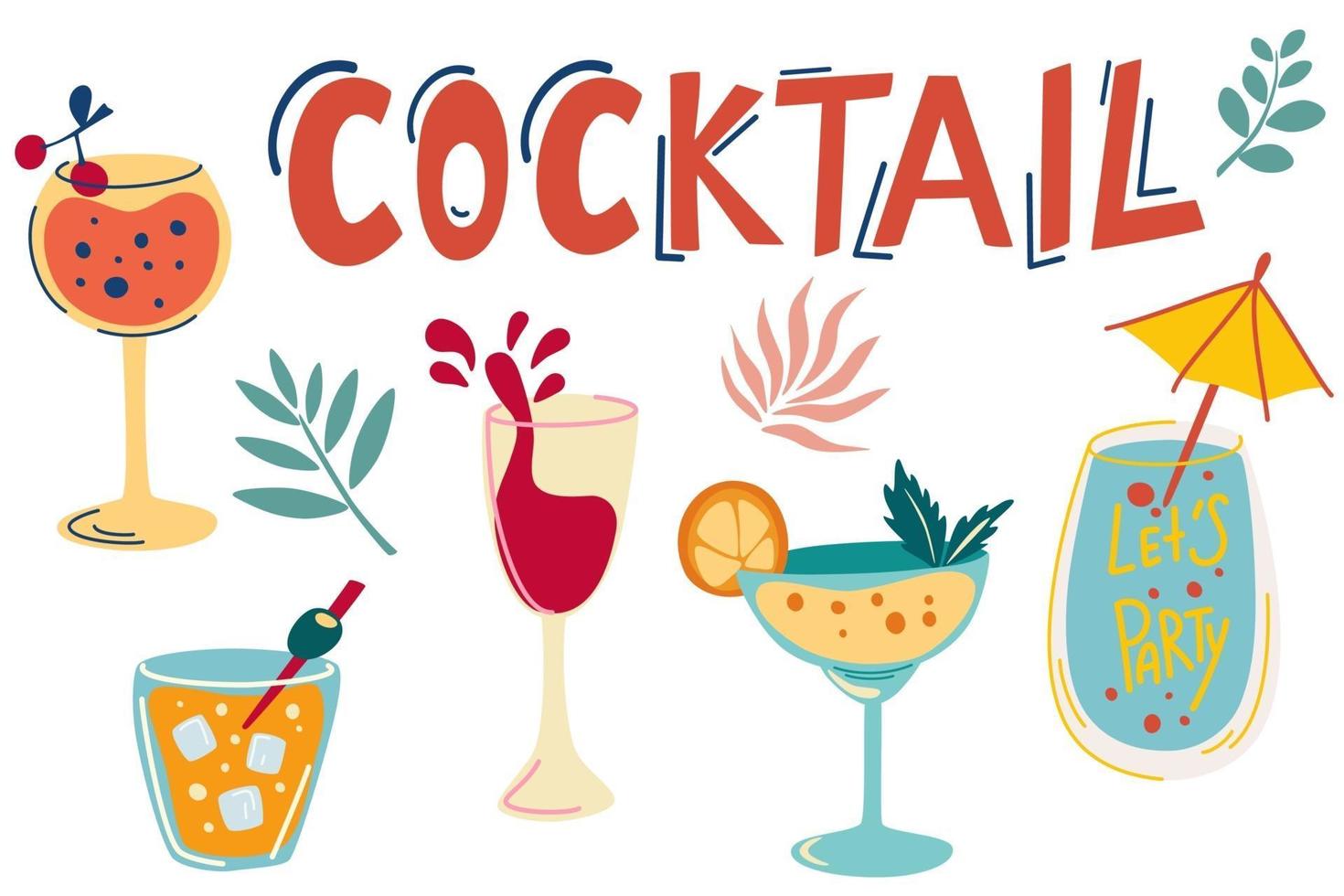 Cocktail set. Hand drawn exotic cold alcoholic beverage vector