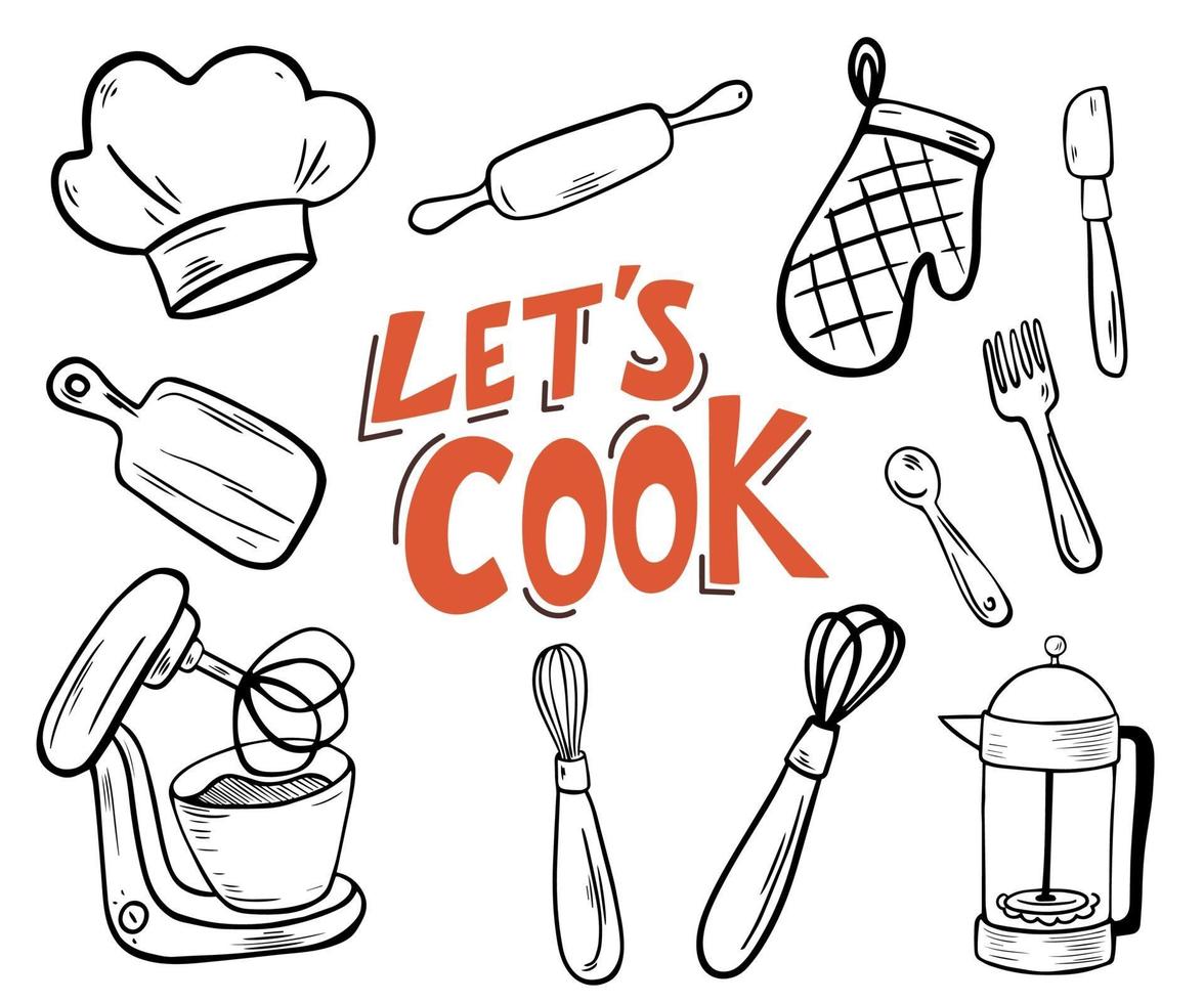 Kitchen utensils. Lets Cook Lettering. vector
