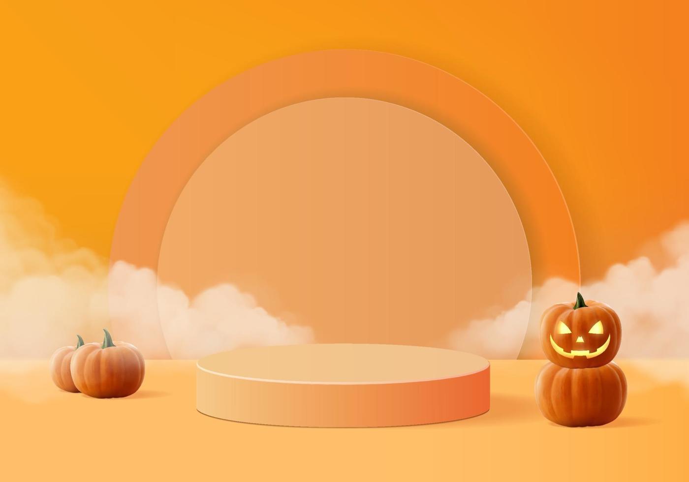 3d halloween minimal smoke and pumpkin podium for products background vector