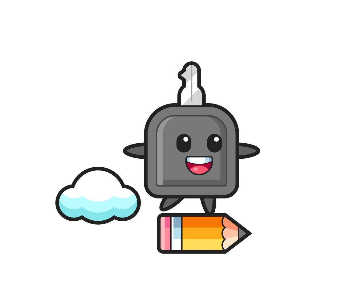 car key mascot illustration riding on a giant pencil vector