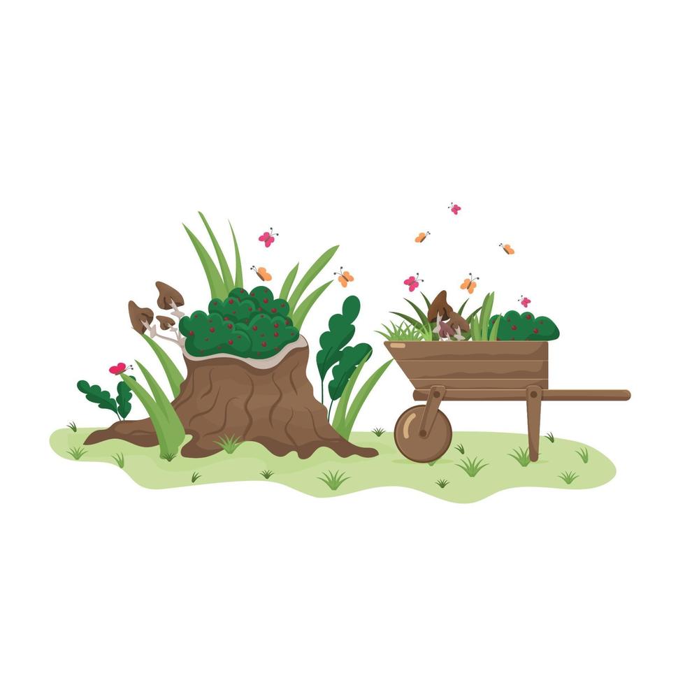 Tree stump and wheelbarrow with greens and butterflies. vector