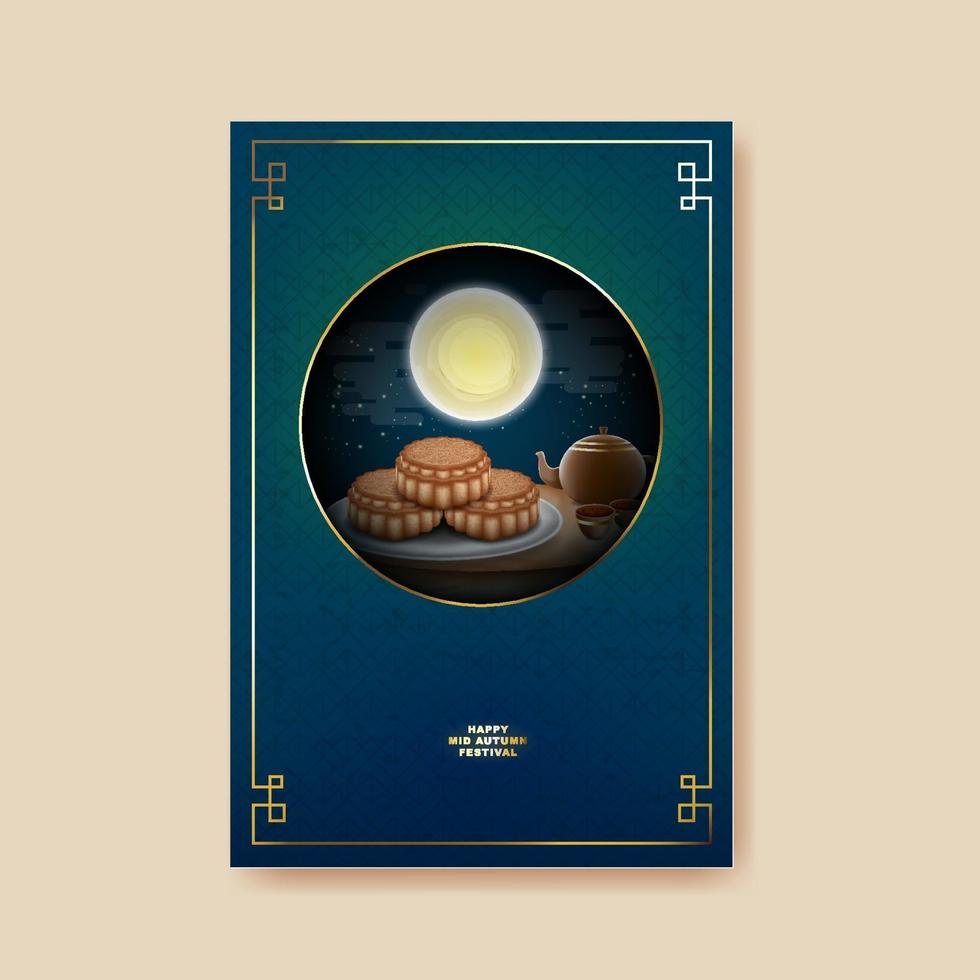 Mid Autumn festival with chinese tea pot and moon, mooncake. vector