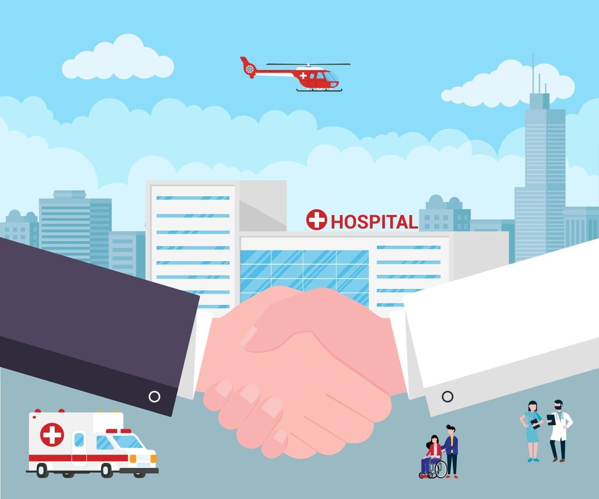 Handshake between doctor and patient behind hospital building vector