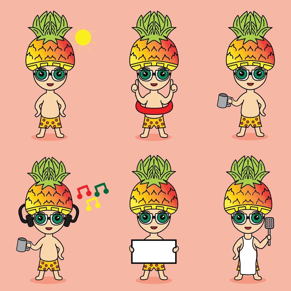 cute man cartoon in pineapple costume on the beach in summer vector