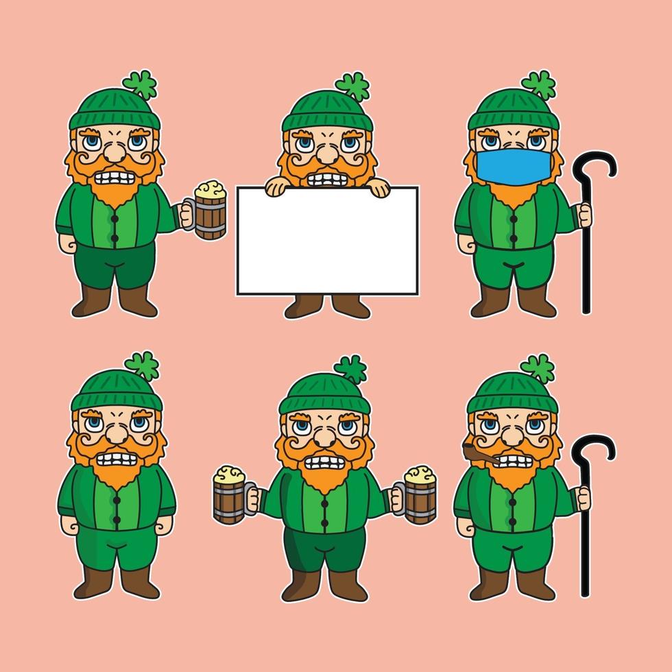 conjunto de ilustración de personaje de dibujos animados de mascota enana de st patrick vector