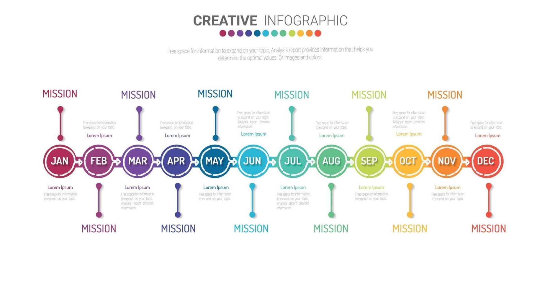 Timeline infographics design vector for 12 months