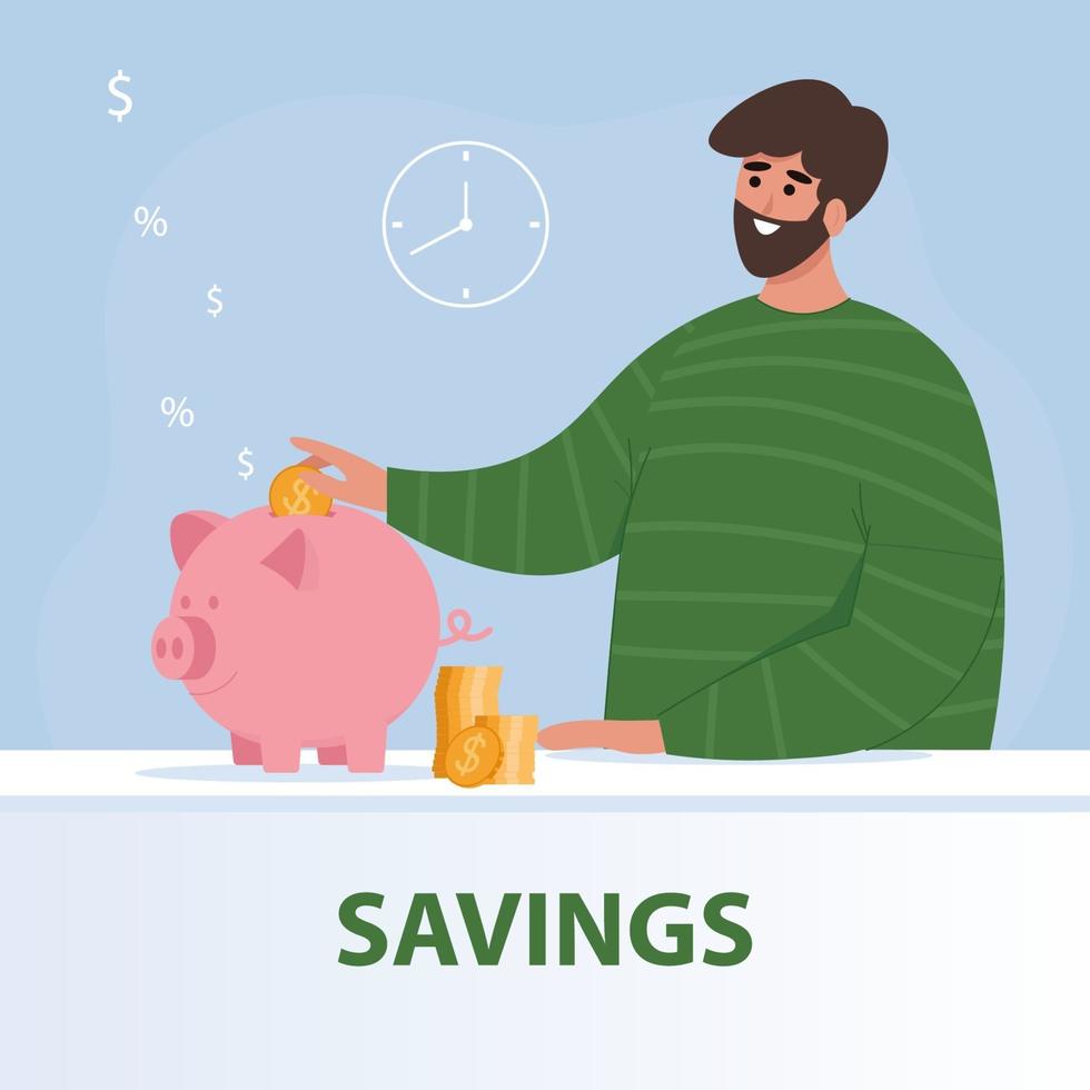 Happy man throws coins into a piggy bank. Savings. Vector illustration