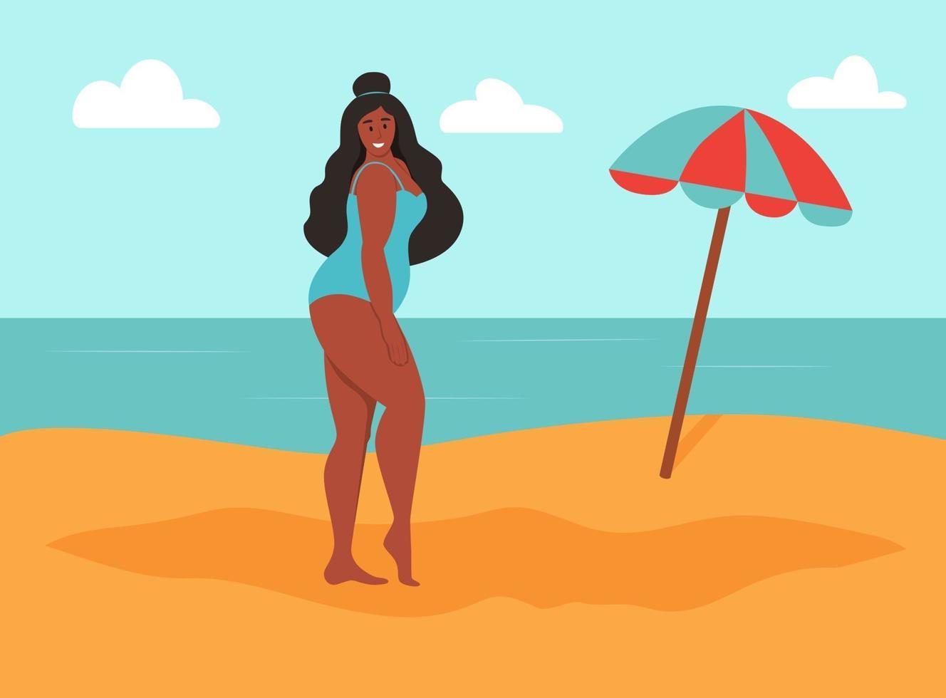 Young curvy woman on the beach. Body positive, self-love vector