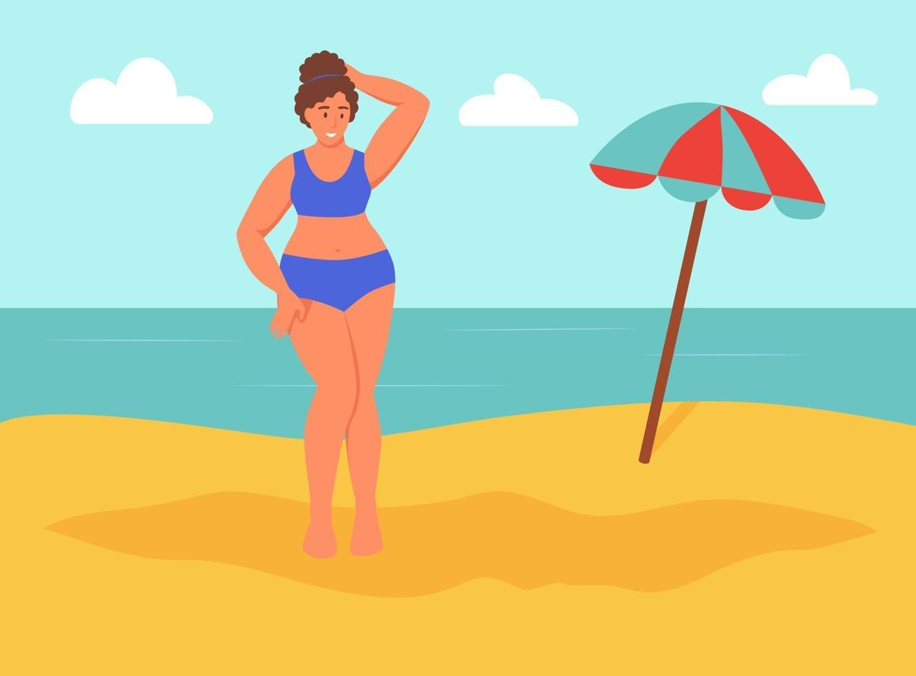 Young curvy woman on the beach. Body positive, self-love vector