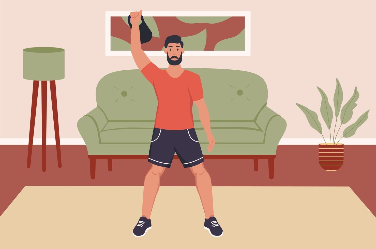 A young man does exercises with a kettlebell. Sports at home vector