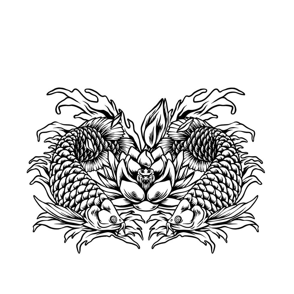 pez arowana y silueta de flores de loto vector