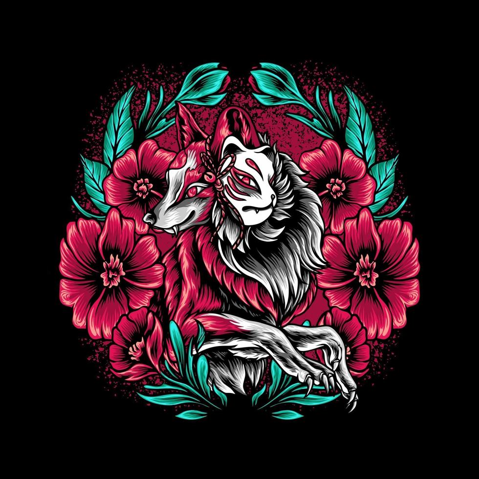 el zorro kitsune con flores vector
