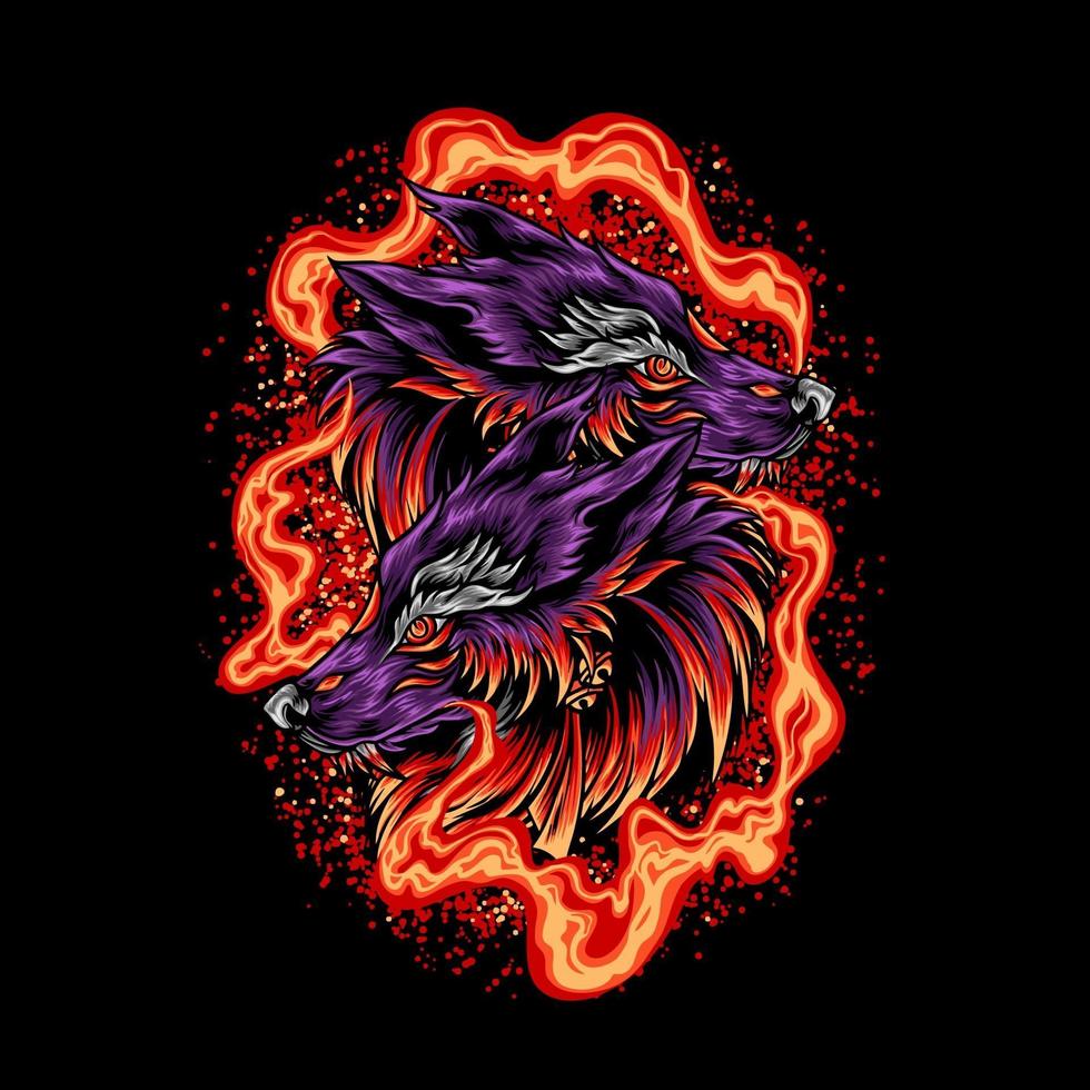 Twin Wolf Head With Fire vector