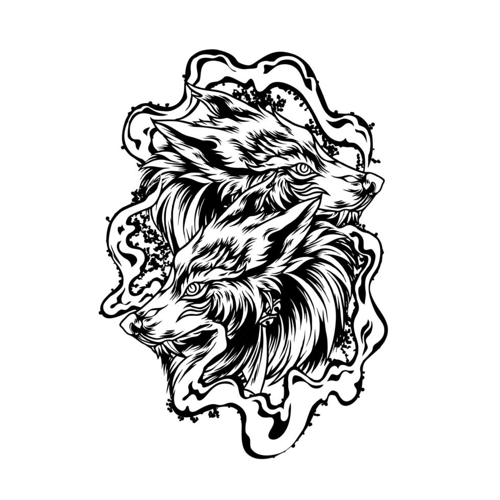 Twin Wolf Head With Fire Silhuette vector