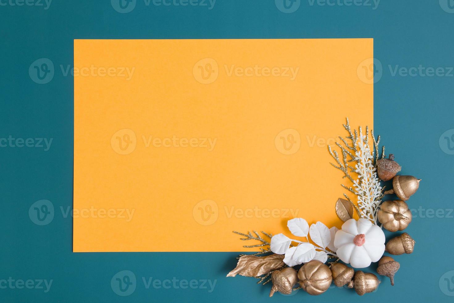 Autumn flat lay with golden and white and copy space photo
