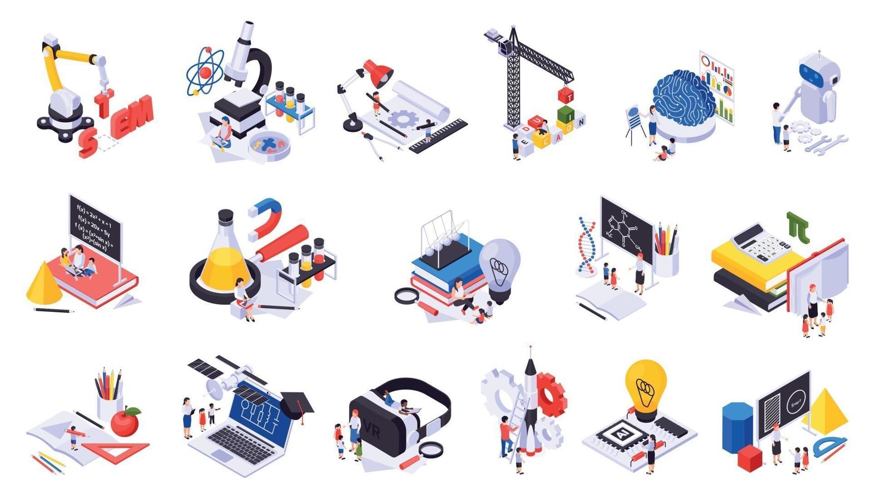 STEM Education Isometric Icons Set vector