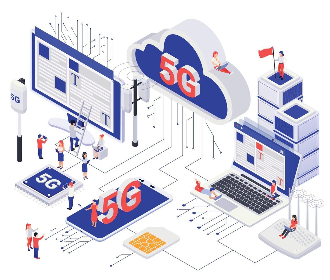 concepto isométrico moderno de internet 5g vector