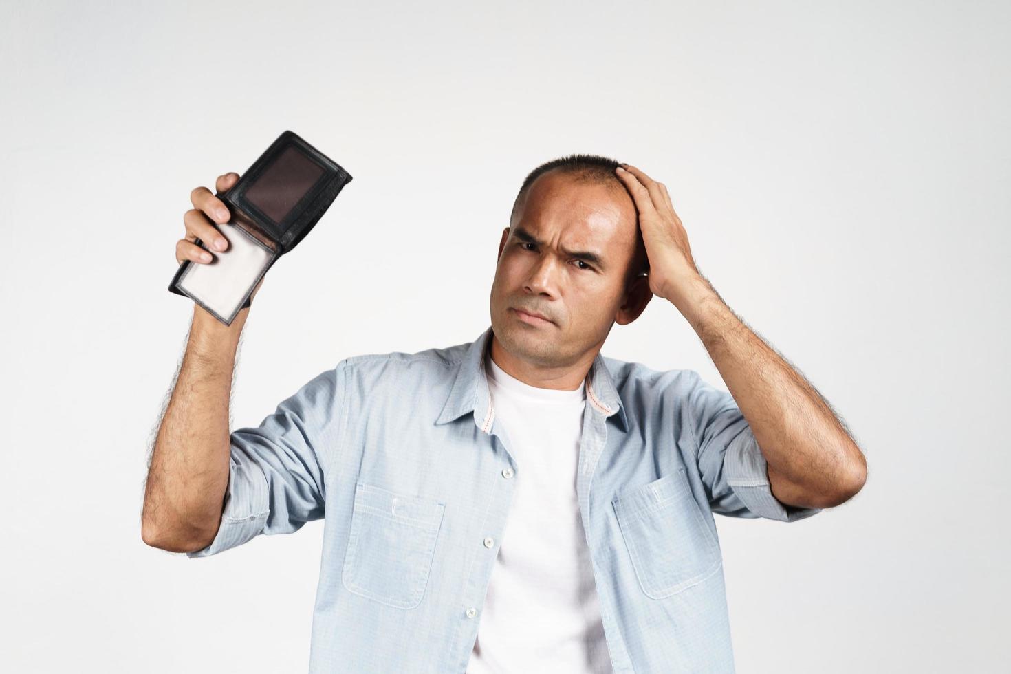 Man holding his empty wallet on white background. no money. photo