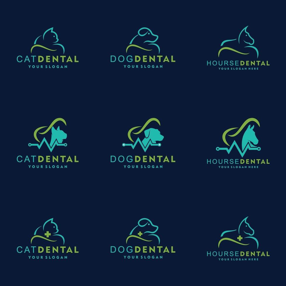 cuidado dental de mascotas con perro, gato, caballo, logotipo, conjunto, vector, icono, ilustración vector