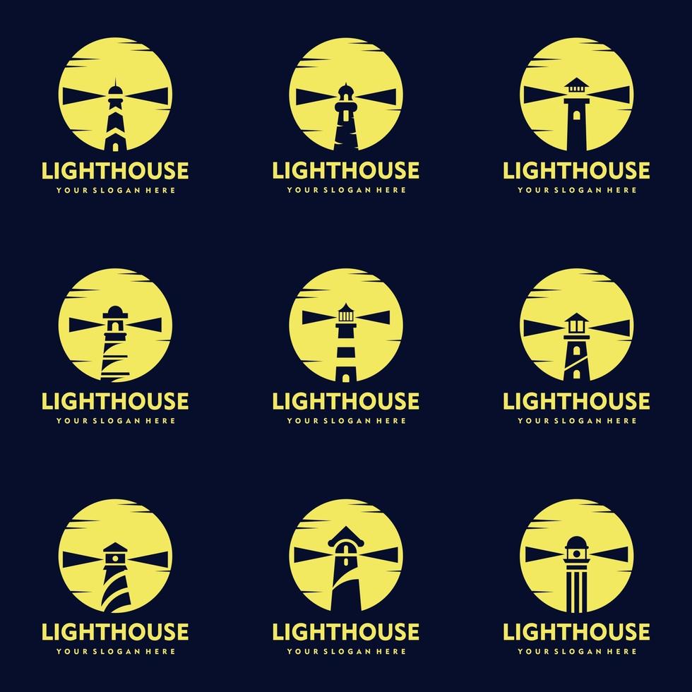 Lighthouse with sunrise flat vector logo set vector icon illustration