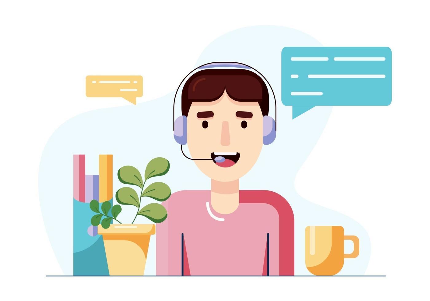Online support, male manager talking with client through headphones. vector