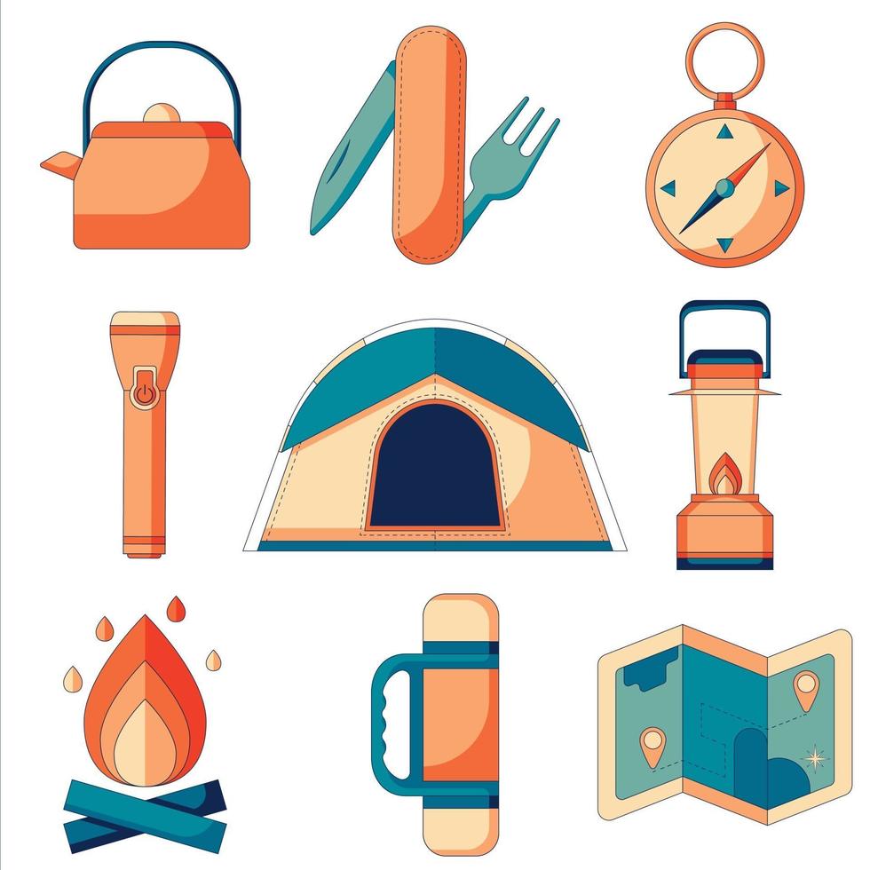 un conjunto de iconos planos de camping y supervivencia en la naturaleza. vector