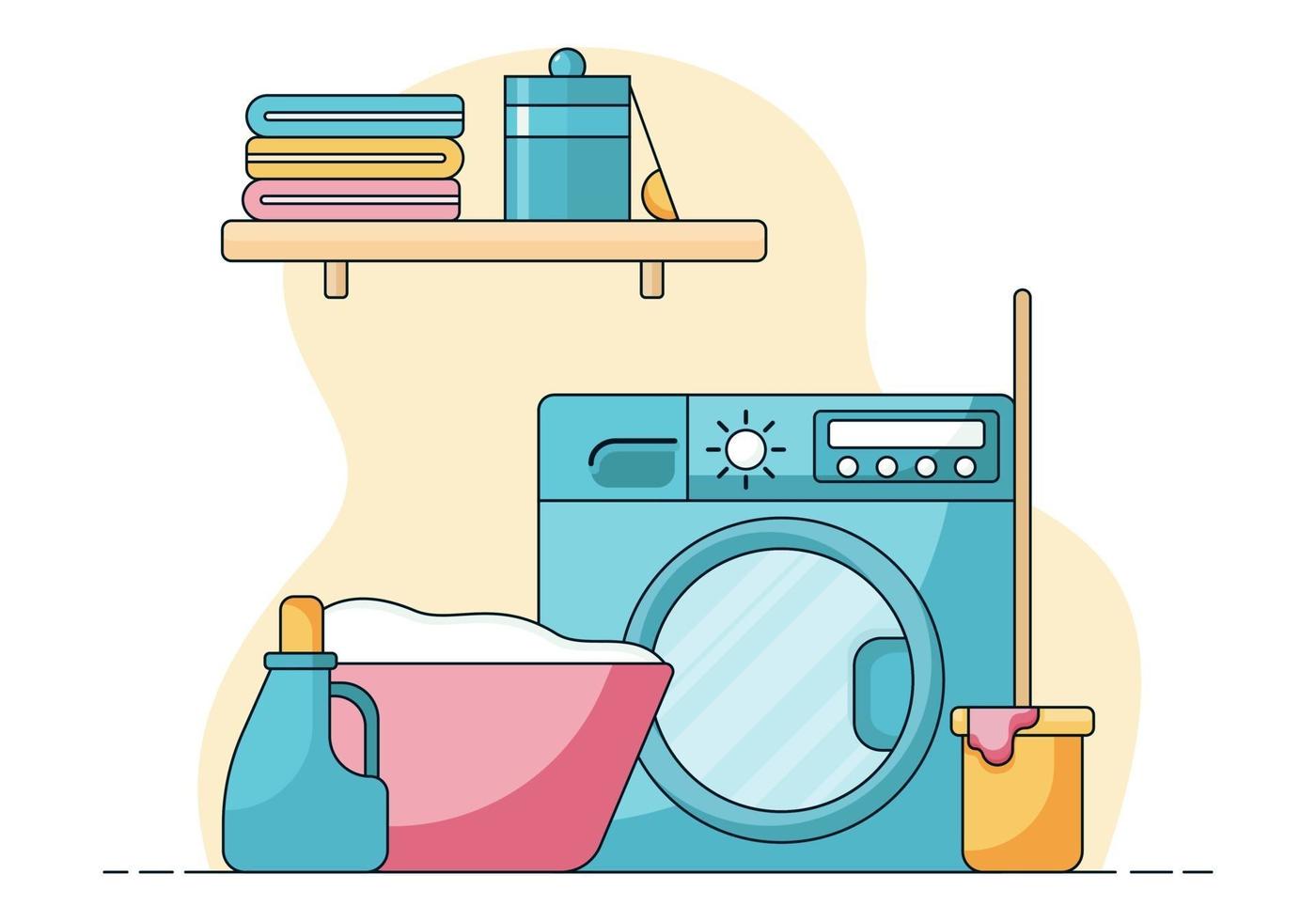 Housekeeping concept, cleaning supplies near the washing machine. vector