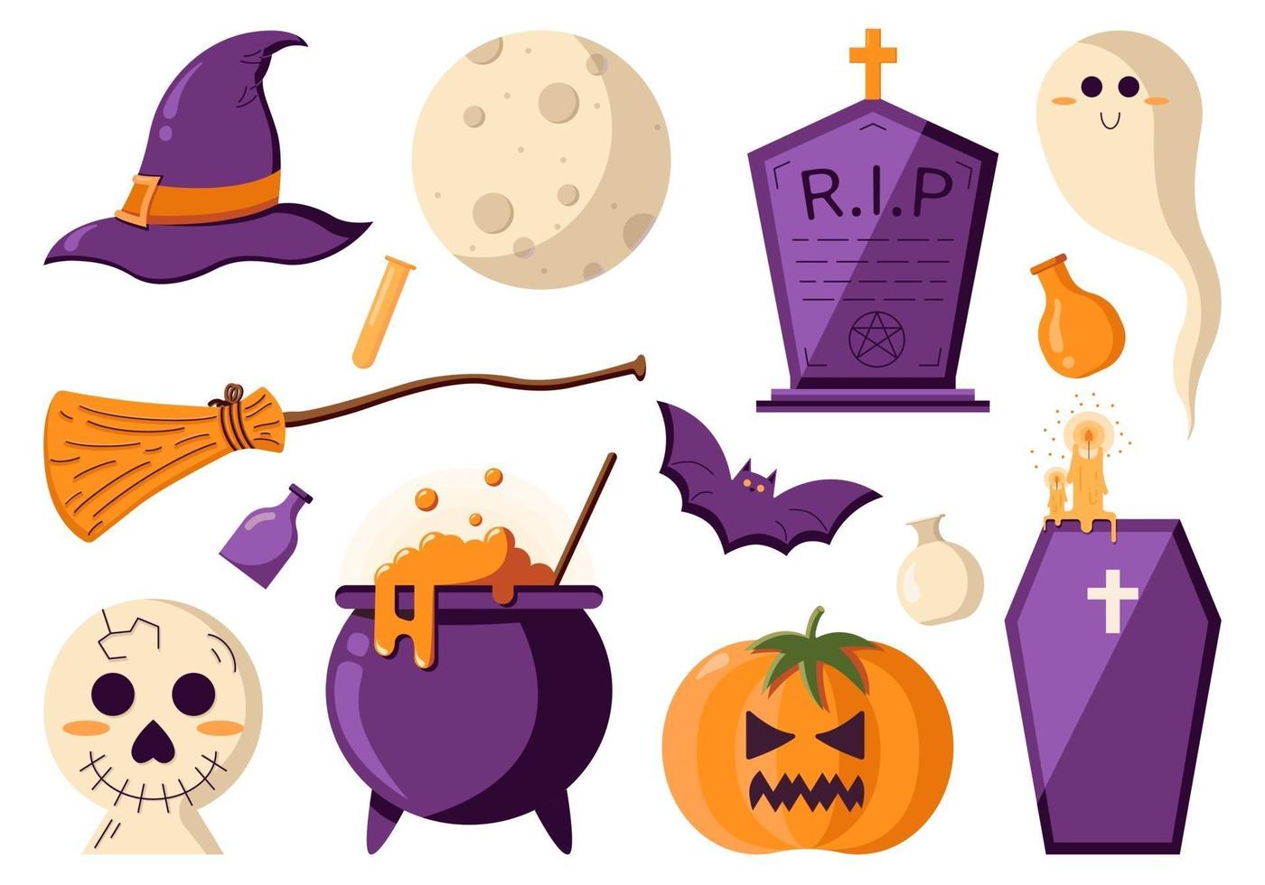 Icons set for a Halloween party, spooky and magical items. vector