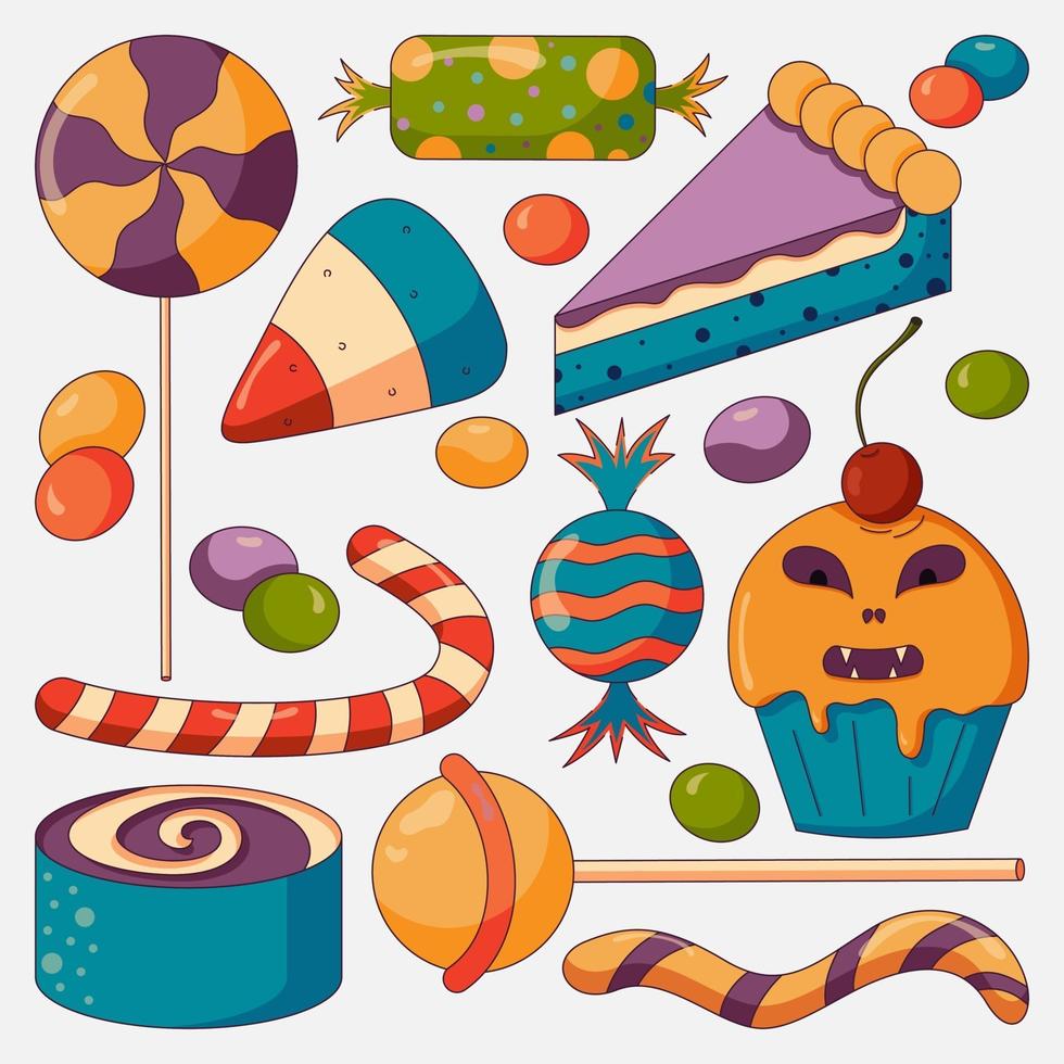 Sweet candies set for a halloween party, jelly, bonbon, cupcake, pie. vector