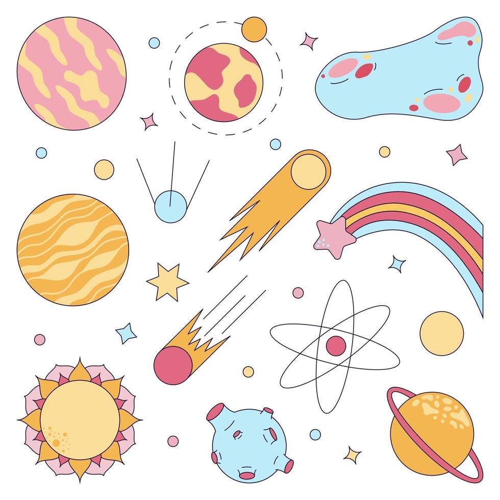 Vector image of the universe with planets and stars in doodle style.