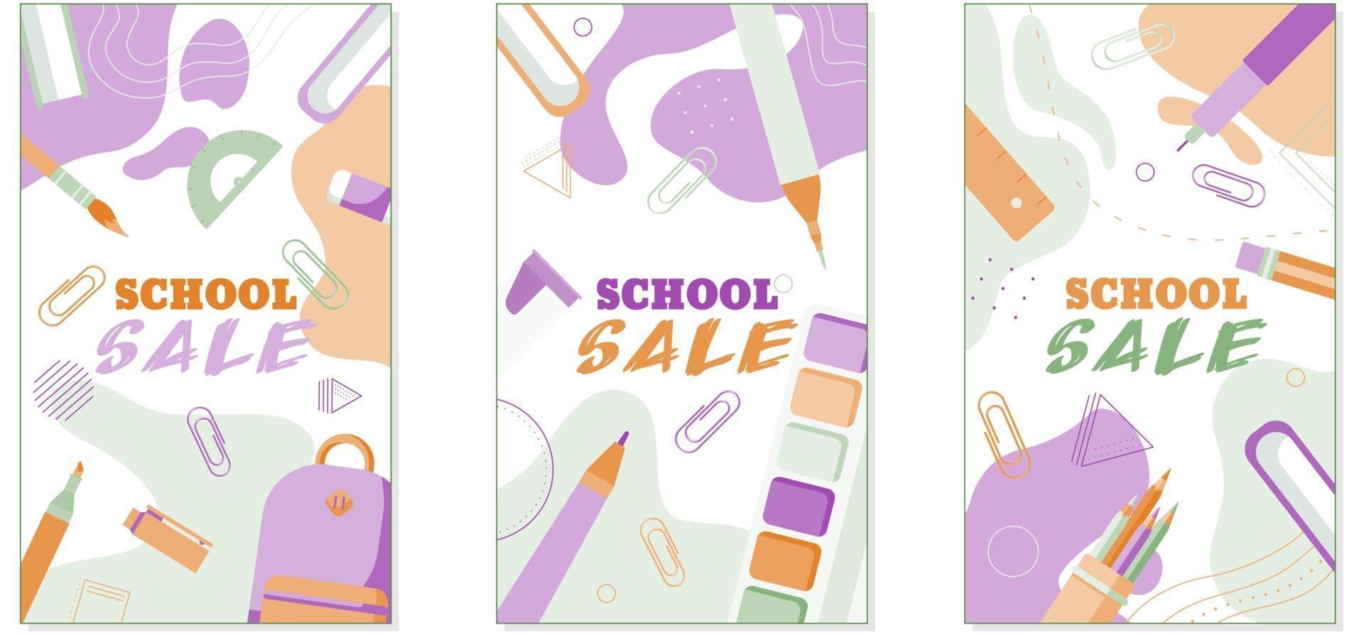 concepto de banners de venta de regreso a la escuela en estilo plano pastel. vector