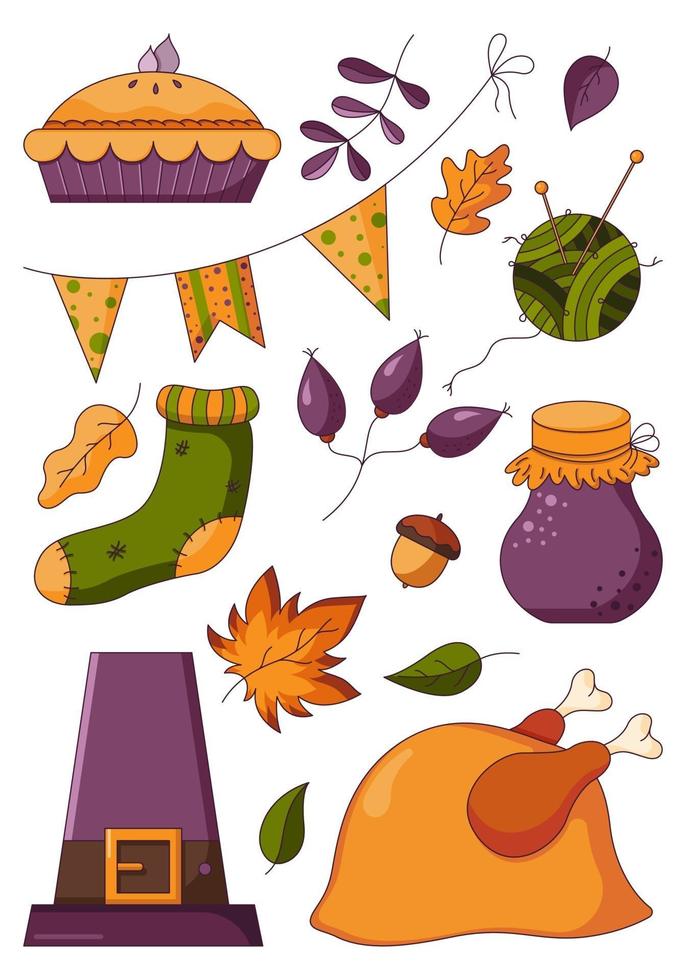 Autumn set for a thanksgiving day with traditional holiday attributes vector