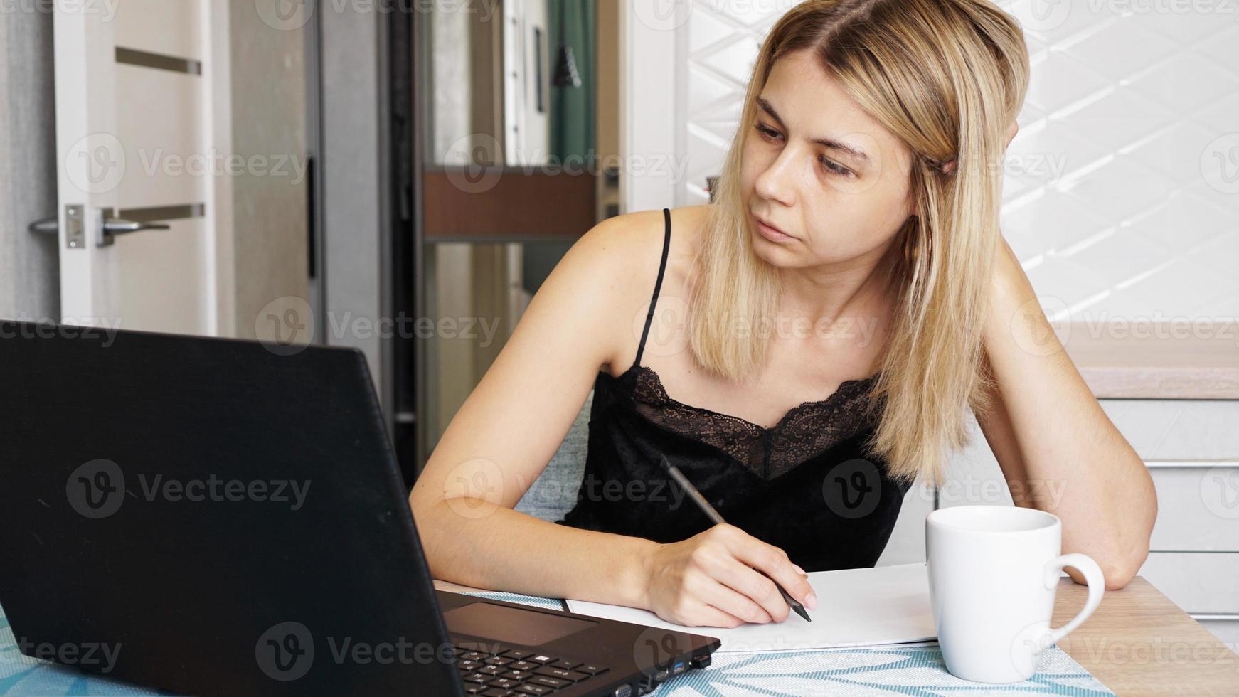 Entrepreneur or student working or studying at home and writing notes photo