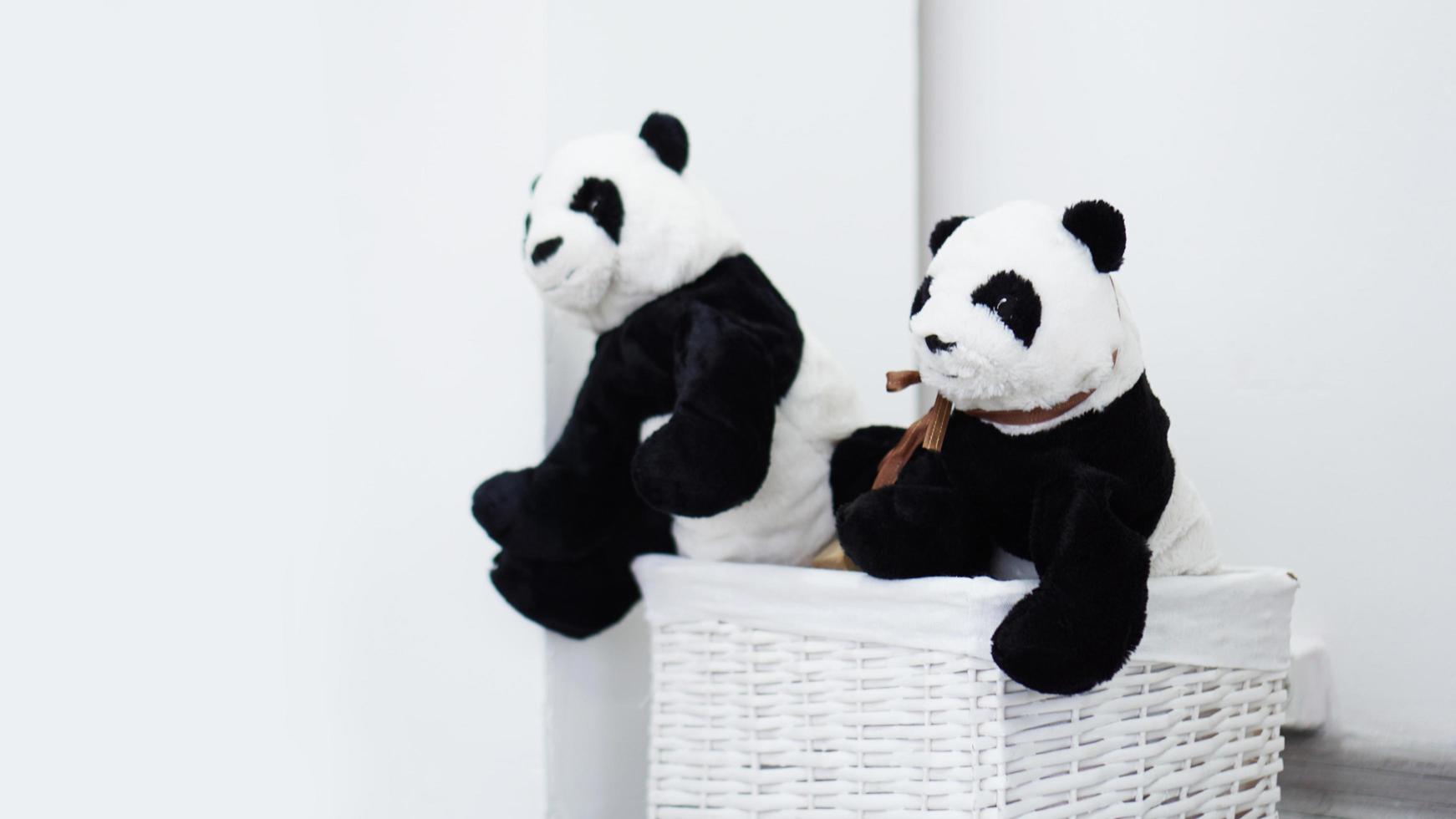 Two panda soft toys in a white wicker basket photo