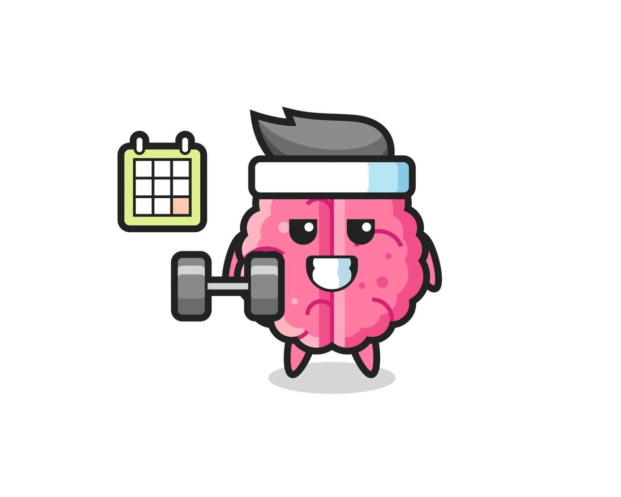 brain mascot cartoon doing fitness with dumbbell vector