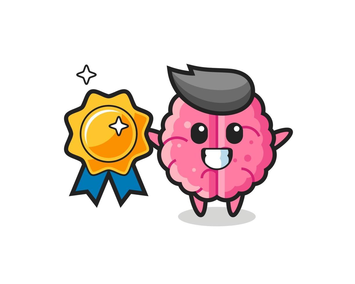 brain mascot illustration holding a golden badge vector