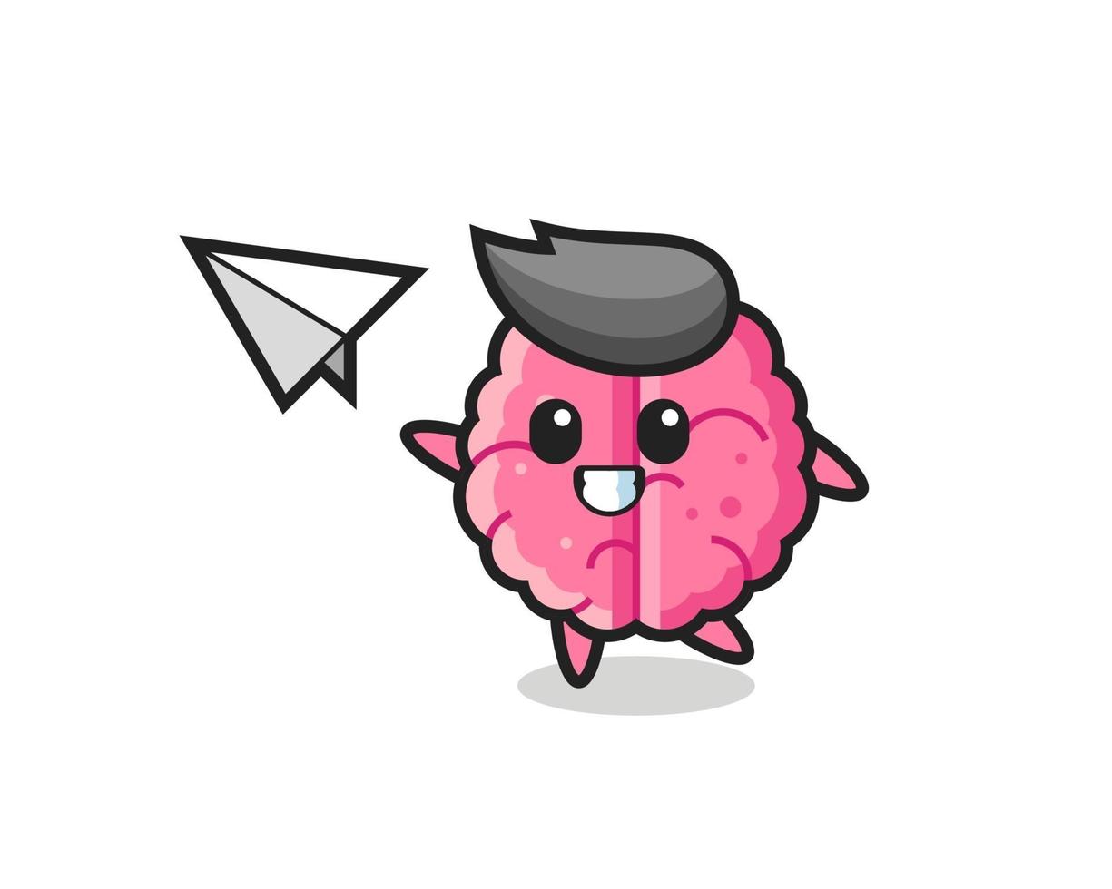 brain cartoon character throwing paper airplane vector