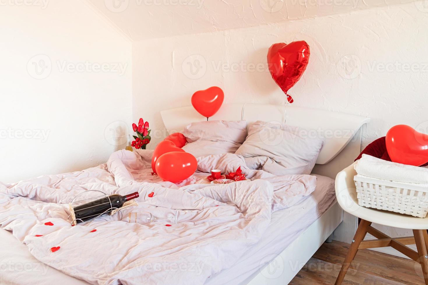 Bright white interior decorated for Valentines Day photo