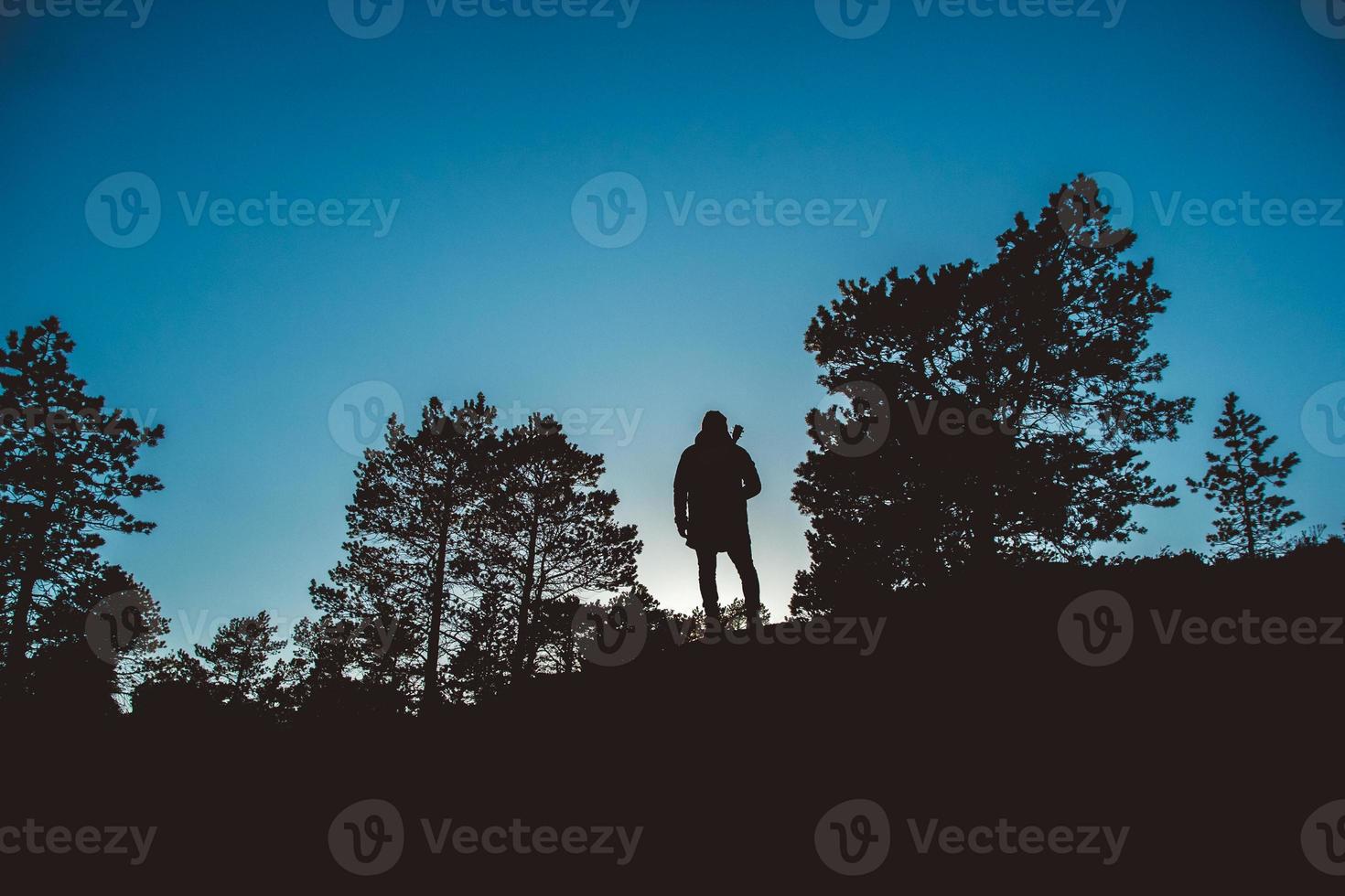 silueta de un hombre en el bosque contra un fondo de cielo azul foto