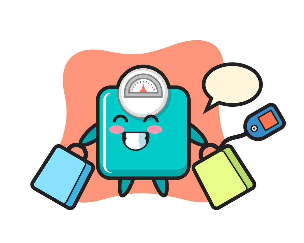 weight scale mascot cartoon holding a shopping bag vector