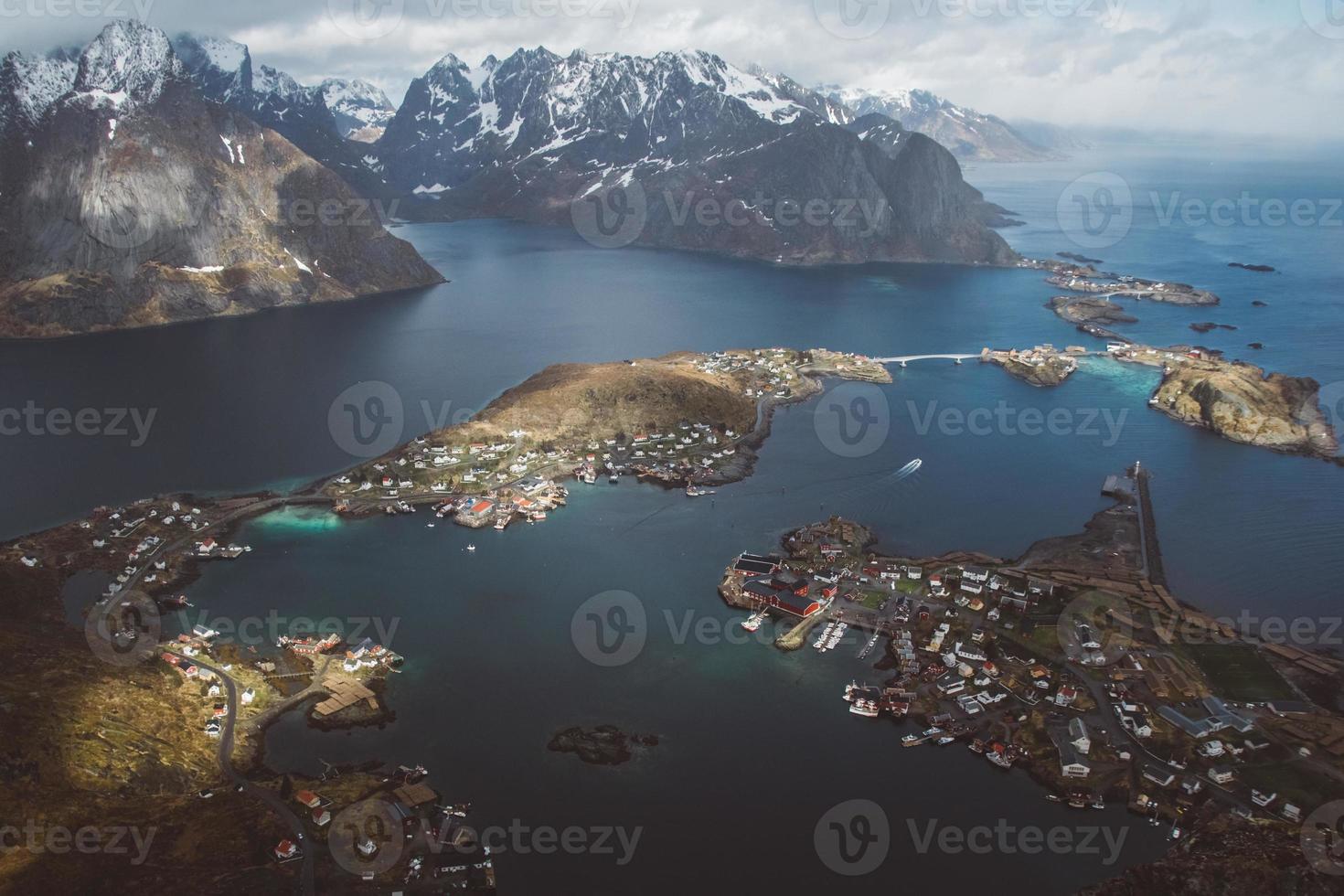 Scenic landscape of Lofoten islands peaks, lakes, and houses photo